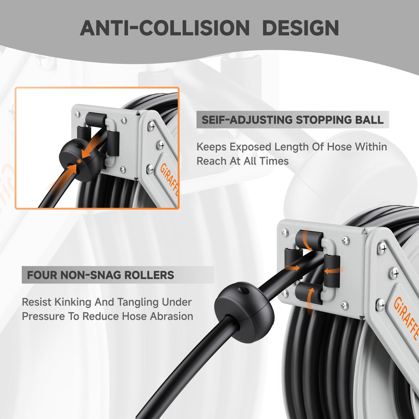 Giraffe Tools Pressure Washer Hose Reel 65ft, Power Washer Hose Reel, Pressure Washer Retractable Hose Reel, Heavy Duty, Replaceable Hoses, Wall/Floor Mounted, 3200 PSI, Silver