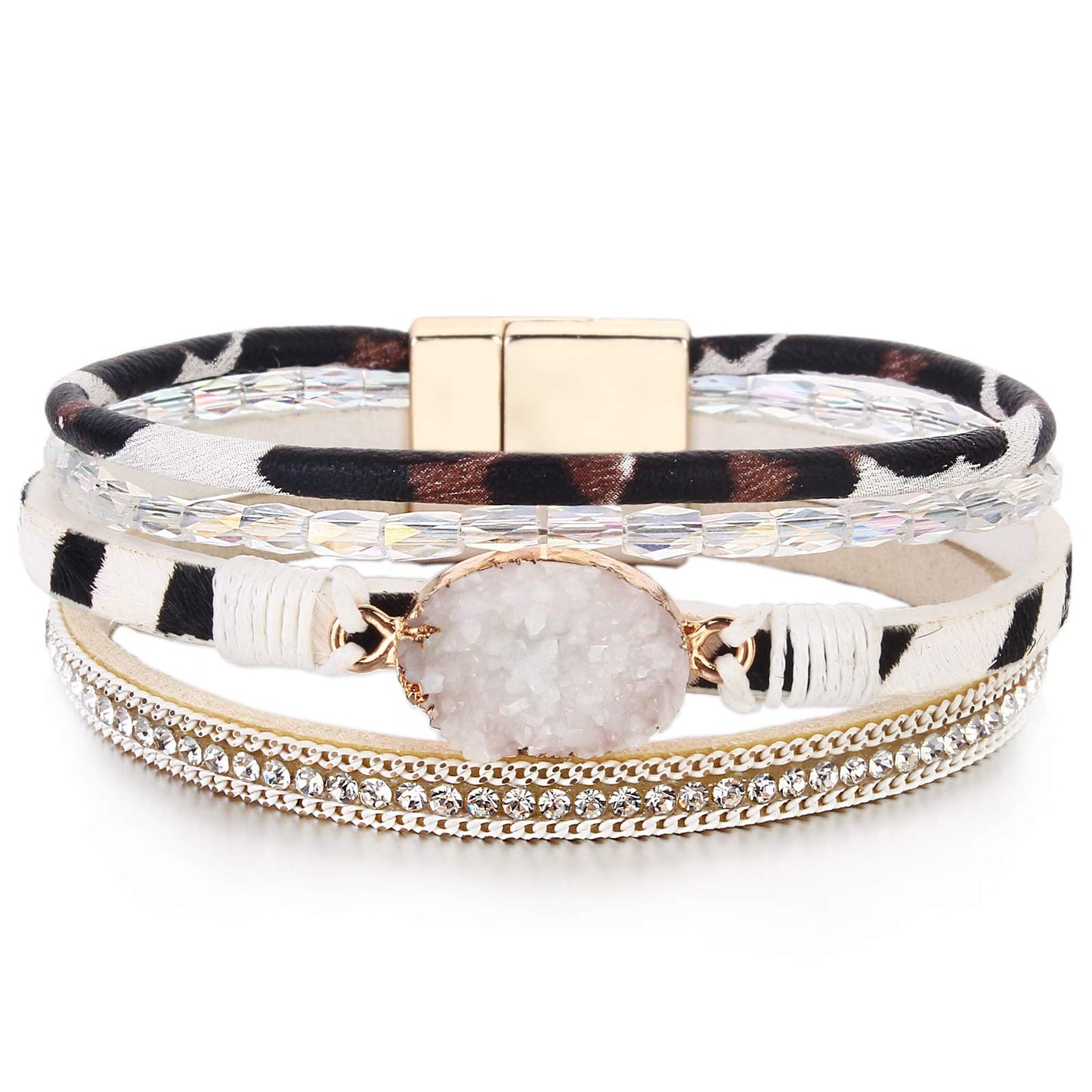 FANCY SHINY Boho Leather Wrap Bracelet Stackable Chunky Crystal Cuff Bracelets with Magnetic Clasp Cowboy Cowgirl Western Summer Beach Outfits Jewelry Gifts for Women (7.7", White Leopard)