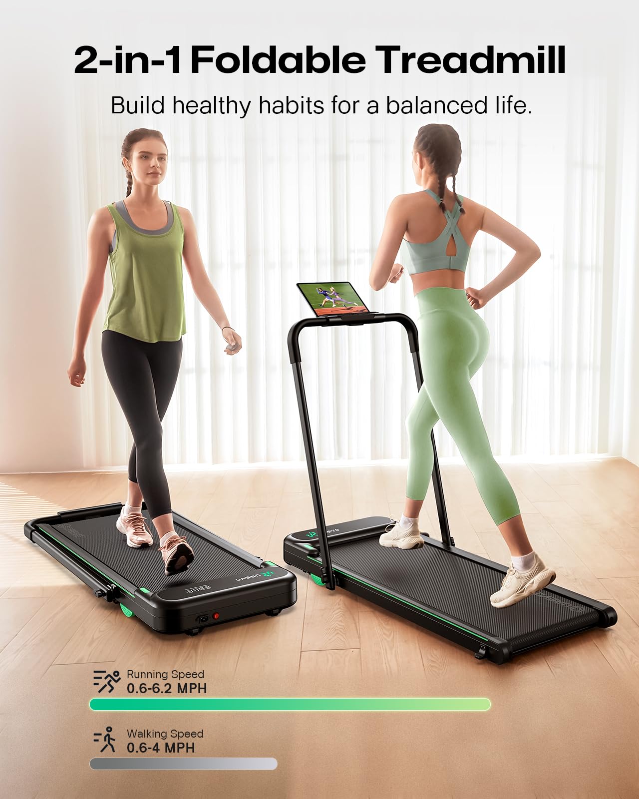 UREVO Strol 2E Smart 2-in-1 Folding Treadmill, Compact Walking Pad with Safety Handle, Plug and Play, Dual LED Display, Workout APP, Walking or Running for Home Office, Remote Included, Flaxen