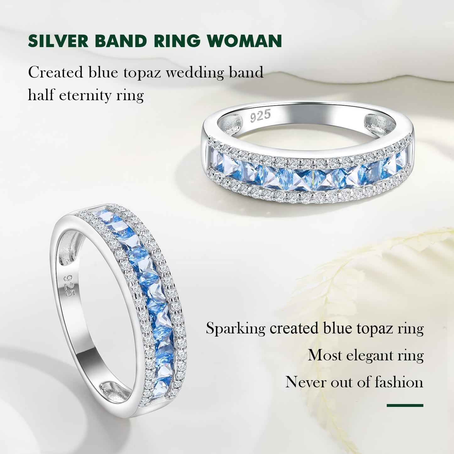 RANDES Blue Topaz Ring Band December Birthstone Ring 925 Sterling Silver Channel Set Half Eternity Band Rings for Women Size 9