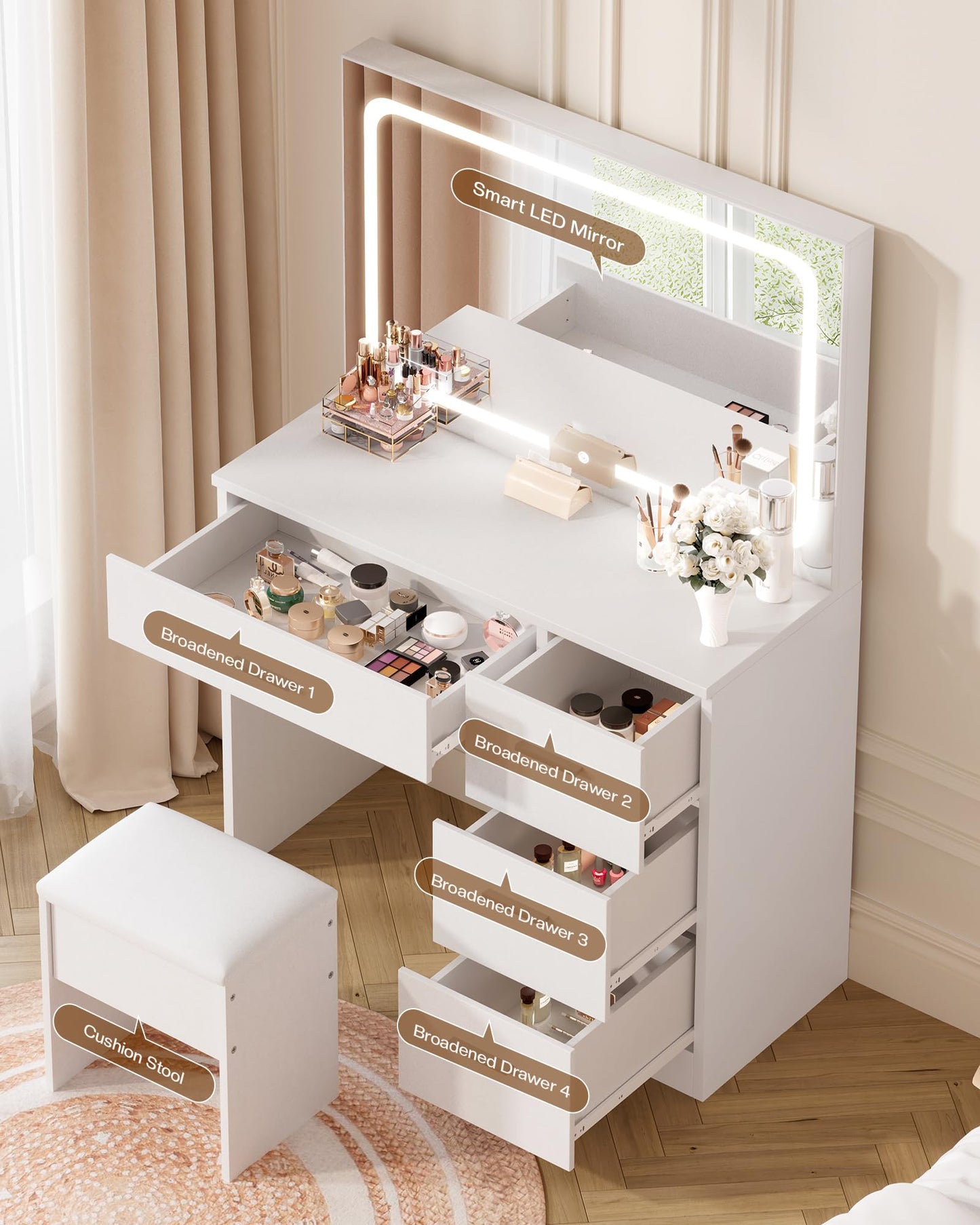 LIVELYGLOW Makeup Vanity Desk with Charging Station & LED Mirror – 35.4" Vanity Table with 4 Drawers, Hair Dryer Rack, & 3 Lighting Modes – Modern Bedroom Furniture (15.7"D x 35.4"W x 53.9"H), White