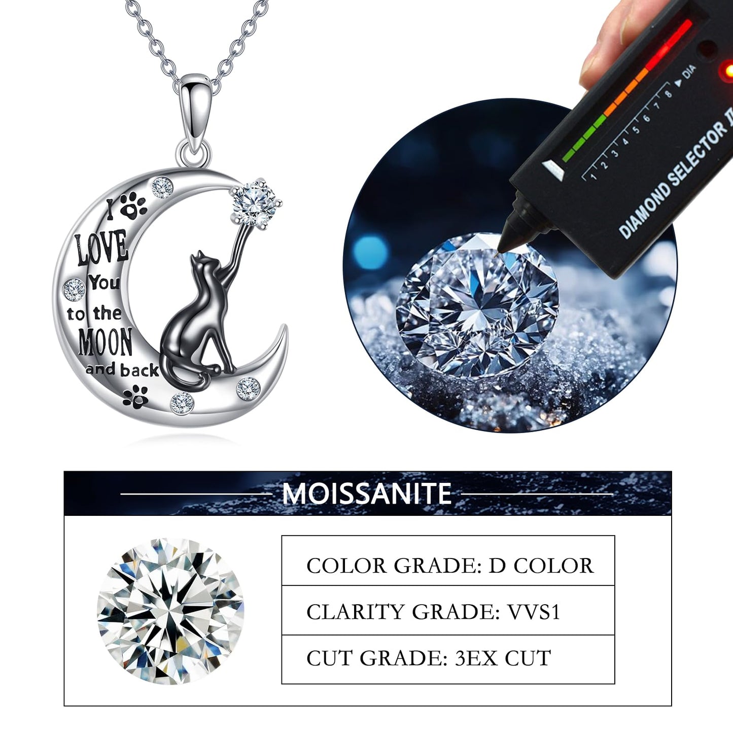 SOACAE Moissanite Cat Necklace 925 Sterling Silver I Love You To The Moon And Back Pendant 0.3ct Lab Created Moissanite Jewelry Black Cat Gifts for Women