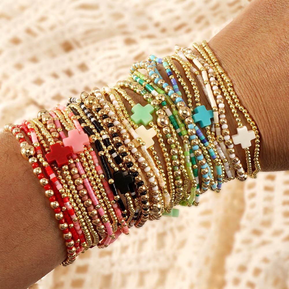 Bohxantium Gold Beaded Cross Bracelets for Women Dainty 14K Gold Plated Beads Ball Red Stretch Stackable Non Tarnish Bracelet Stack Boho Christian Jewelry Accessories Birthday Prom Friendship Gift