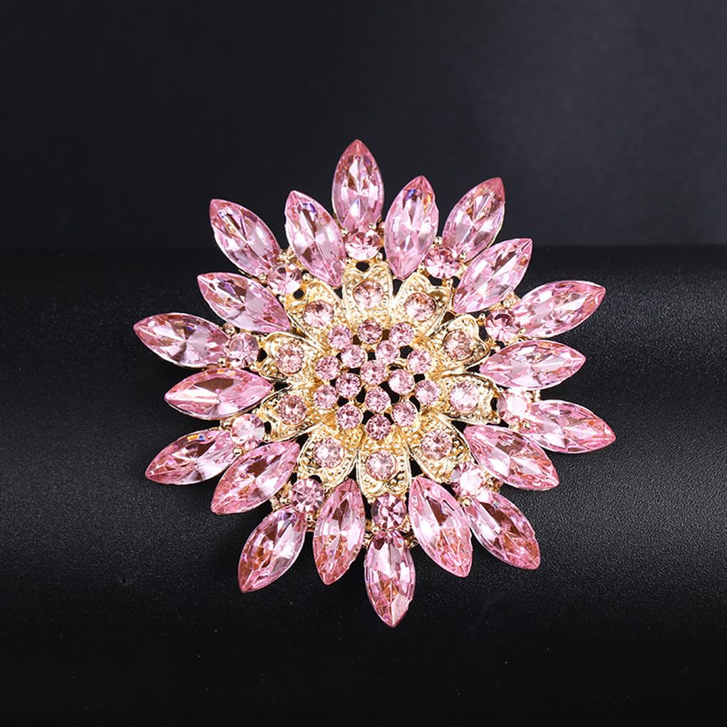 Rhinestone Large Flower Brooches Pins for Women Fashion Sparkly Crystal Sunflower Statement Brooch Wedding Party Suit Dress Formal Jewelry Accessories (pink)