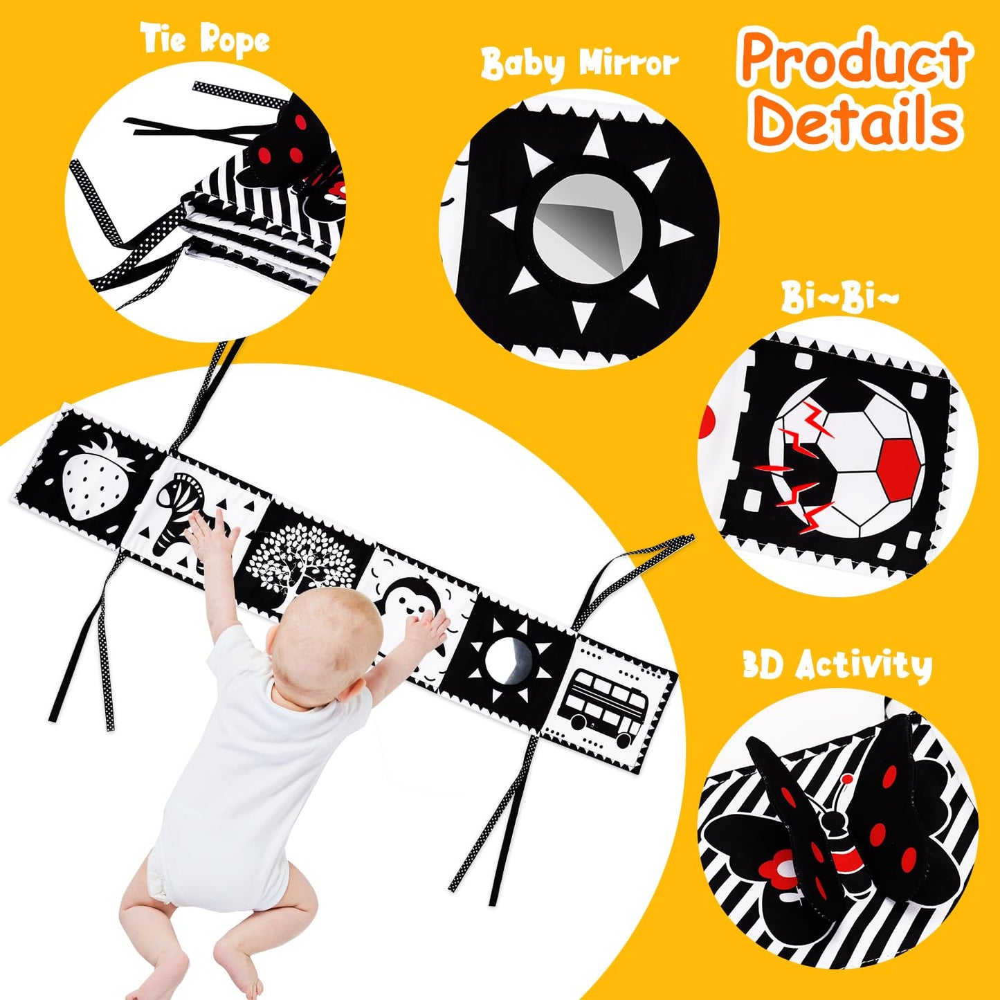 4 PCS Black and White High Contrast Baby Toys 0-3-6 Months Newborn Essential Toy for Babies Crinkle Sensory Book Brain Development Tummy Time Mirror Infant Carseat Rattle Shower Easter Gifts Boy Girl