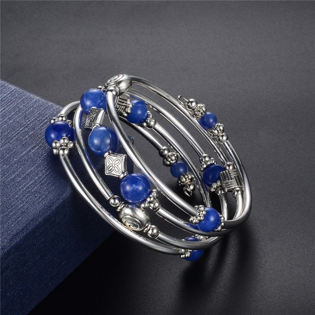 Beaded Pearl Bangle Wrap Bracelet - Fashion Bohemian Jewelry Multilayer Charm Bracelet with Thick Silver Metal Beads, Gift For Women(Blue)
