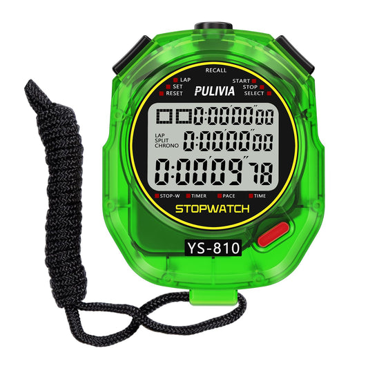 PULIVIA Stopwatch Timer 10 Splits/Laps Digital Stop Watch for Sports, Countdown Alarm Clock Date Memory Recall Large Display, Stopwatch for Coaches PE-Teacher Referee, Green