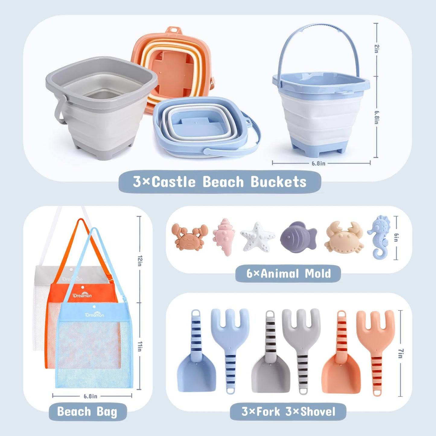 Dreamon 3 Pack Beach Toys Set for Kids 3-10, Collapsible Sand Buckets with Beach Molds and Mesh Bag, Sandbox Travel Toys Beach Vacation Essentials, Camping Gear, Fishing (Blue/Grey/Orange)