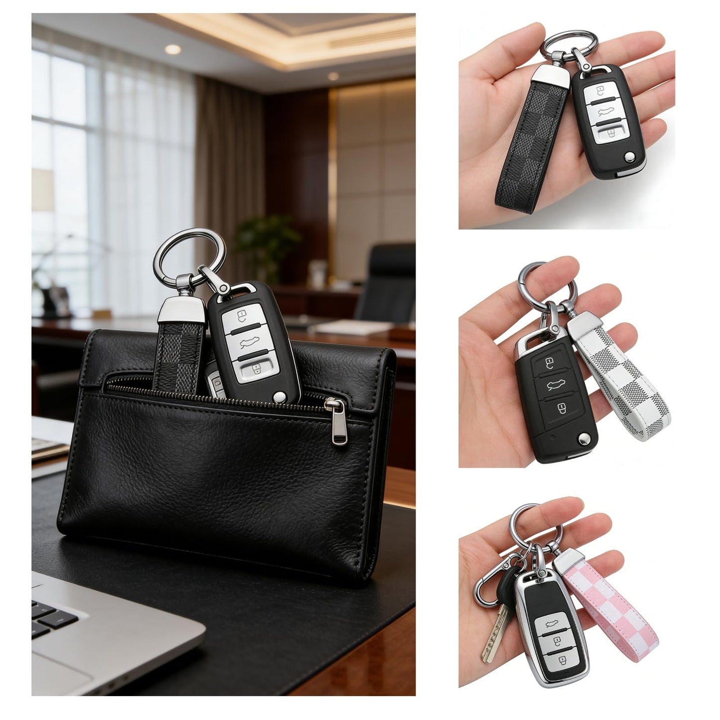 3-Pack Leather Car Keychains – Business Key Fob, Key Ring, Phone Pendant & Bag Charm for Women – Versatile Accessories for Office, Car & Travel – Ideal Gift for Professionals , Black, White & Pink