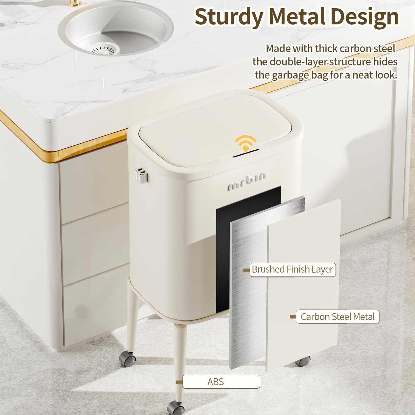 MRBIN Metal Motion Sensor Kitchen Trash Can with Wheel Legs, 36L / 9.5gal Medium Press Lid Slim Waste Basket, Pet Proof Tall Narrow Garbage Pail for Vanity, Bedroom, Bathroom, Living Room, Sunflower