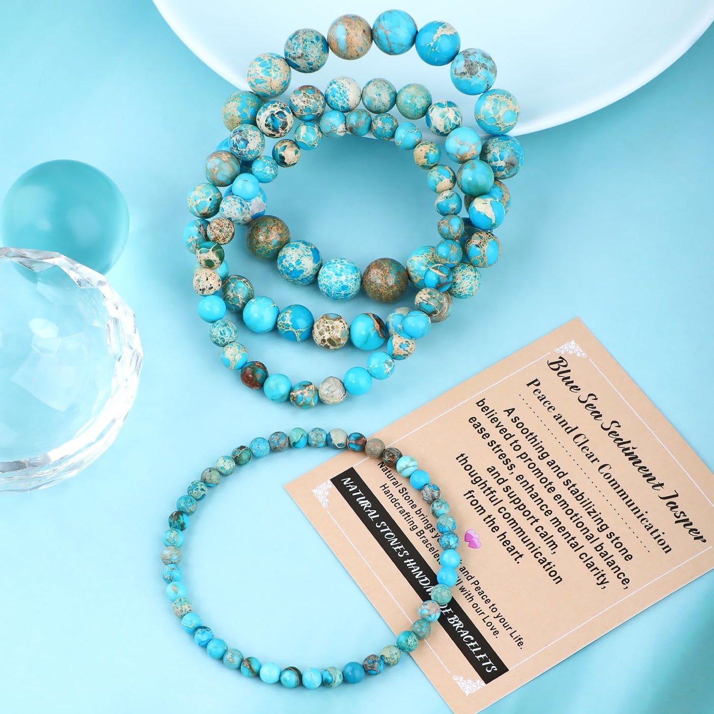 AD Beads 6mm Handmade Blue Sea Sediment Imperial Jasper Elastic Bracelet – Natural Gemstone for Joy & Positivity – Meditation, Yoga, Healing and Energy Gift for Men Women