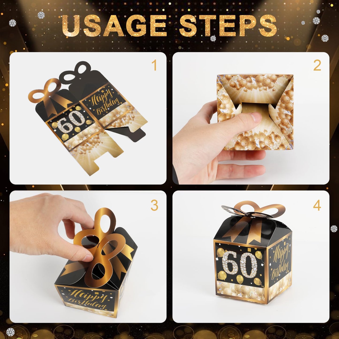 Qonmpcvu Square Boxes For Gifts, Black And Gold Decorations Box,60th Birthday Favor Bags, 60th Party Favors Gifts Box, Favor Boxes For Party, Black And Gold Happy Birthday Bags With Candy (BLACK Gold, M)