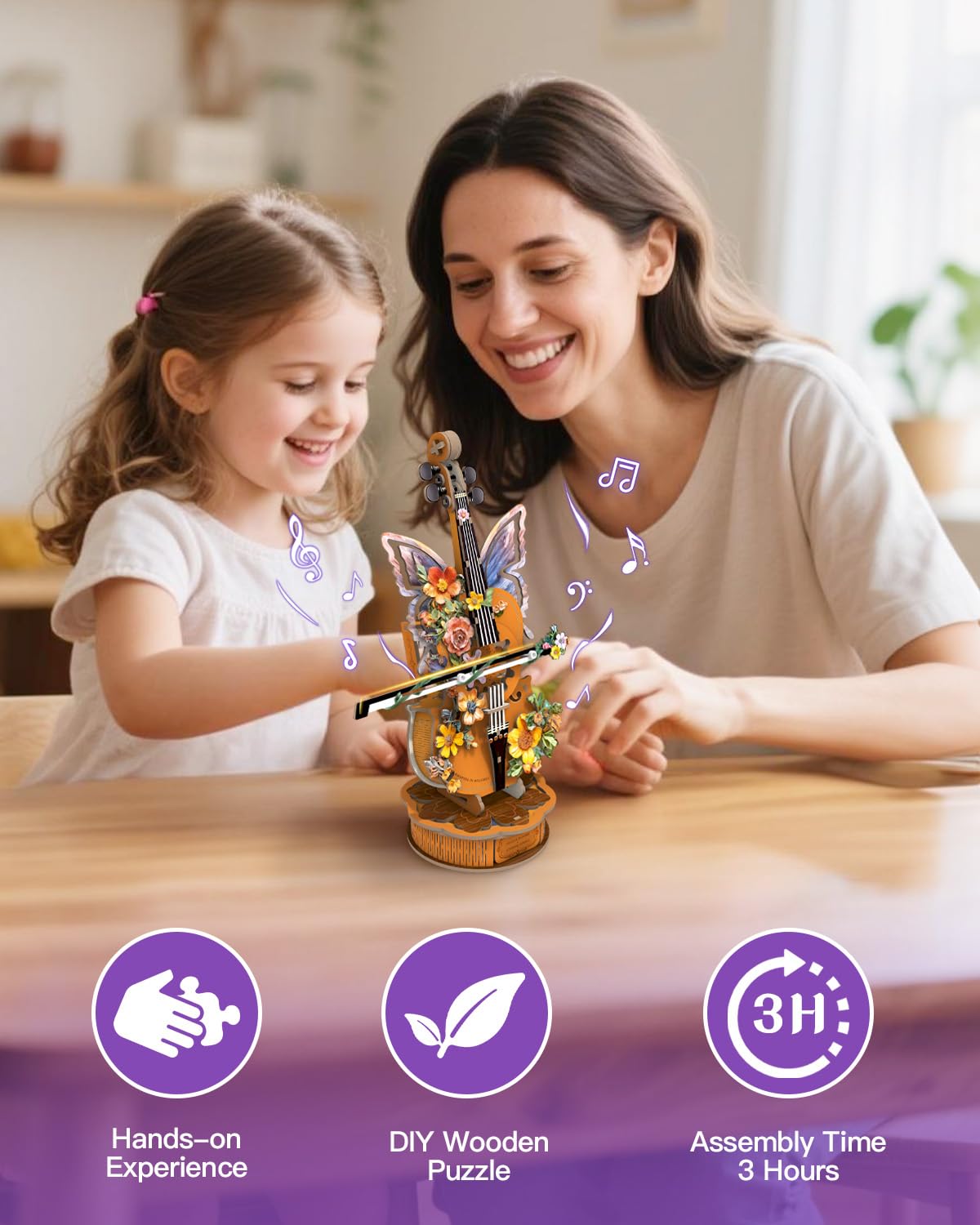 Rnfinewow 3D Puzzles for Adults, Mechanical Wooden Cello Music Box Puzzles, DIY Flower Music Box Cello Crafts Model Kits Home Decor for Holiday Birthday Gifts Hobbies