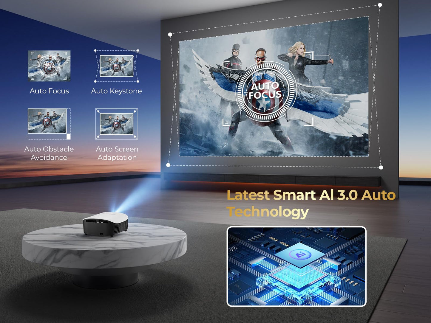 GooDee 4K Smart Projector with 5G WiFi and Bluetooth, Built-in Streaming Apps, Dolby Audio 400" Outdoor Movie Projector for Home Theater, Compatible with TV Stick, iOS, Android