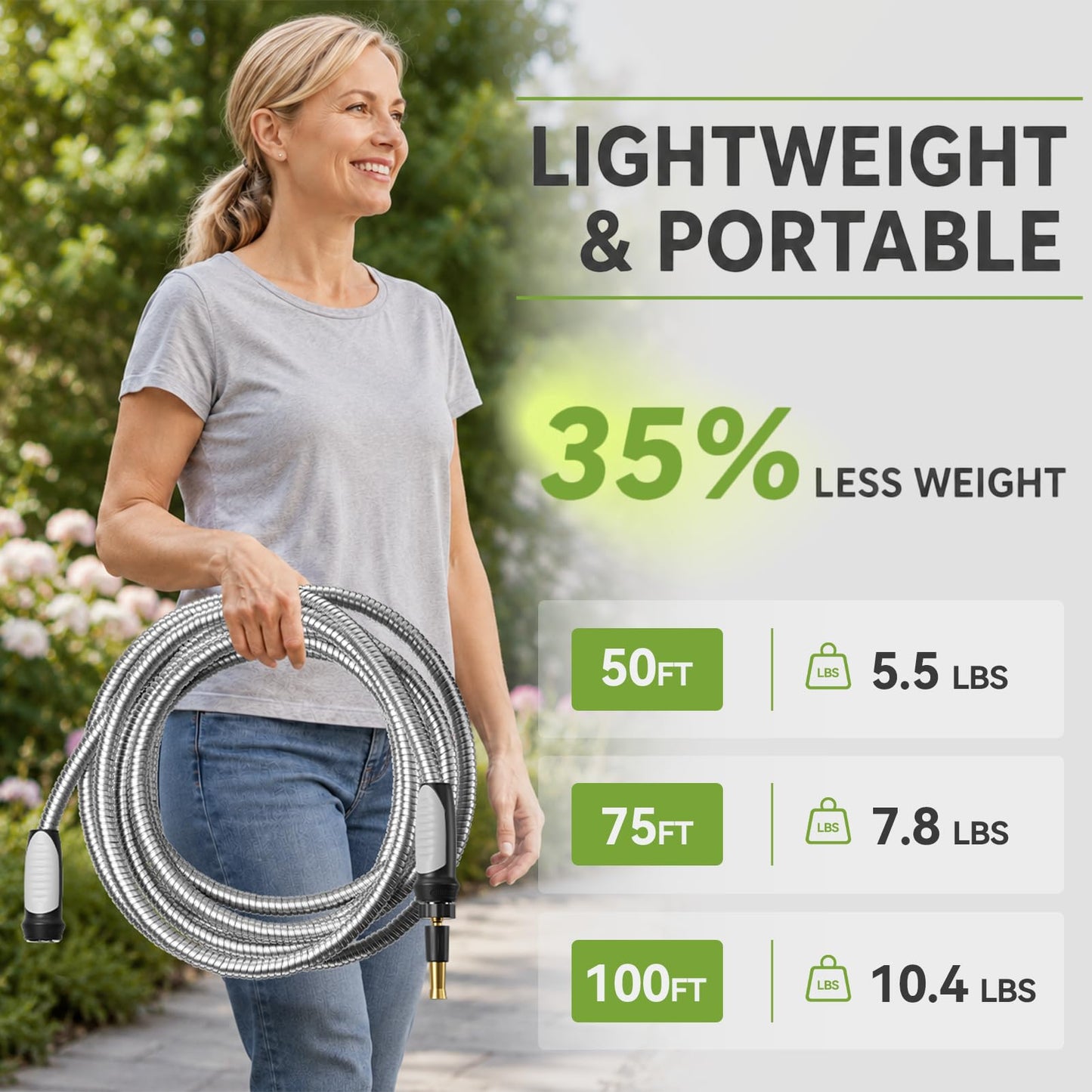 SPECILITE Expandable Garden Hose 100 FT, 304 Stainless Steel Heavy Duty Metal Water Pipe with Adjustable Nozzle - Flexible, Kink Free, Leak-Proof, Lightweight, for Outdoor, Yard, Lawn, Car Washing