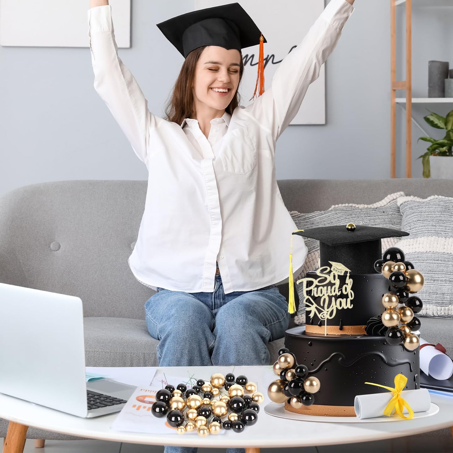 43Pcs Graduation Cake Kit Included Felt Grad Cap with Tassel Gold Black Balls Graduations Party Supplies So Proud of You Cupcake Topper for Congrats Senior High School College Parties Decor(Gold)