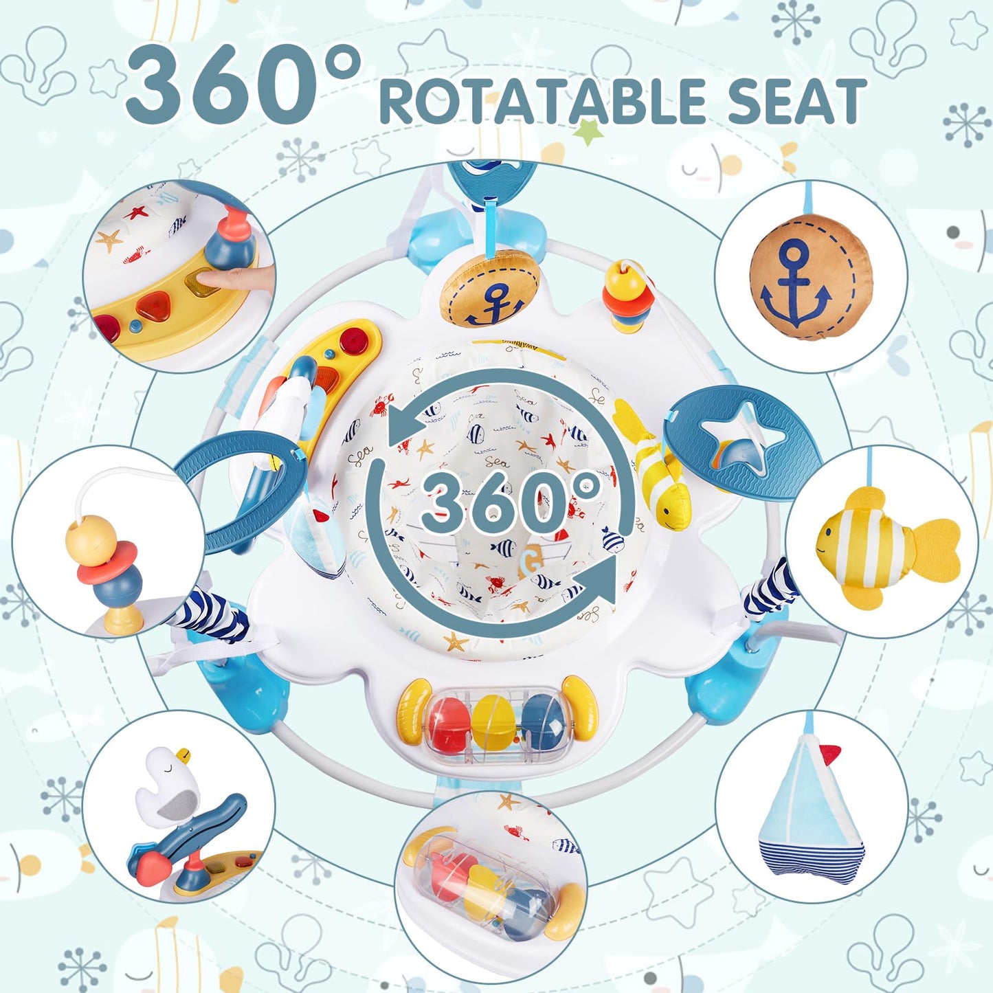 Furmubei Baby Activity Center, 3-in-1 Baby Jumper, Infant Activity Center with 360° Rotating Seat, Music, Lights, 3 Adjustable Heights, Infant Activity Jumper for 6+ Months JP2401