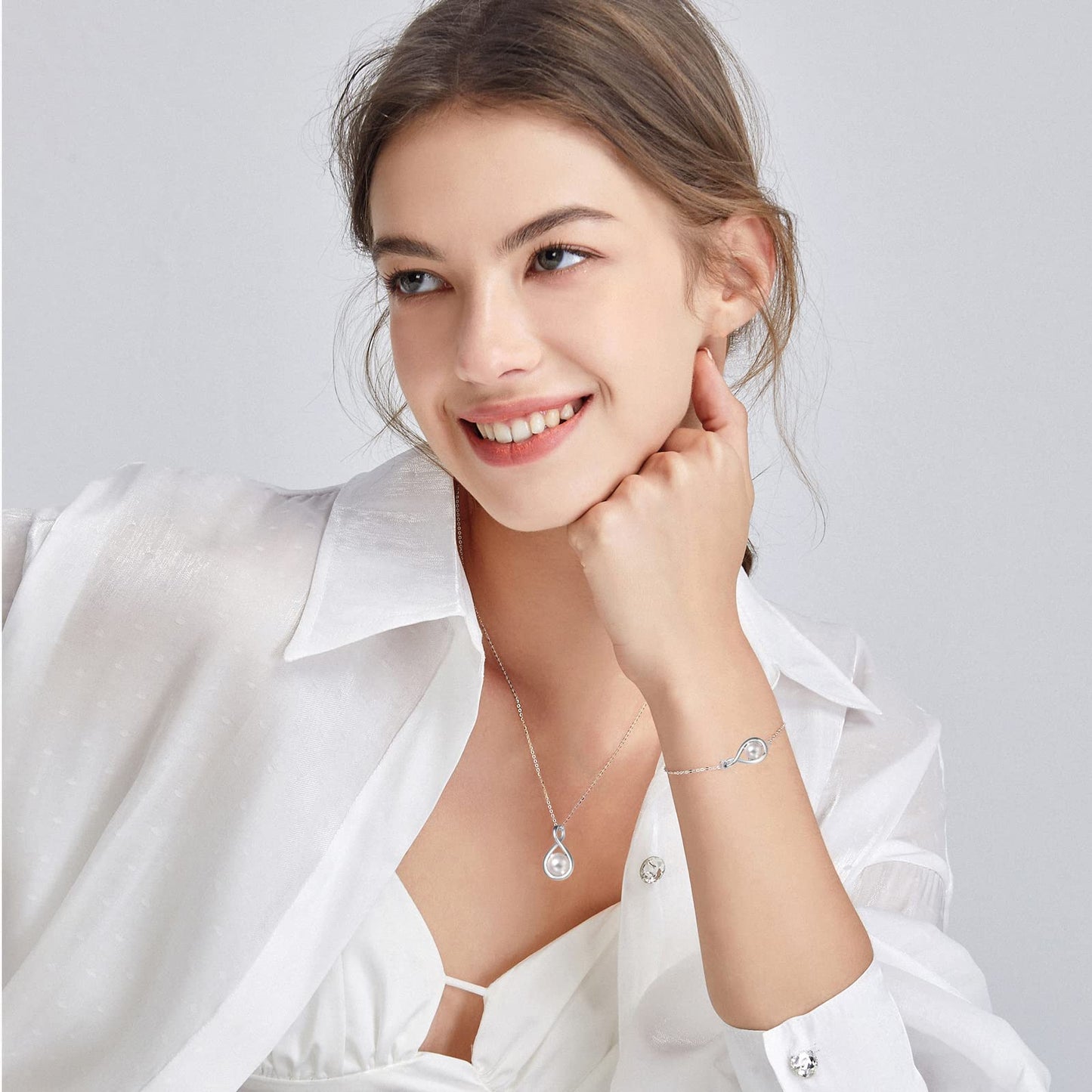FANCIME White Pearl Necklace June Birthstone Necklace for Women, 925 Sterling Silver Dainty Infinity Pendant Fine Jewelry Birthday Mothers Day Gifts for Women Her Mom Daughter, 16+2 Inch