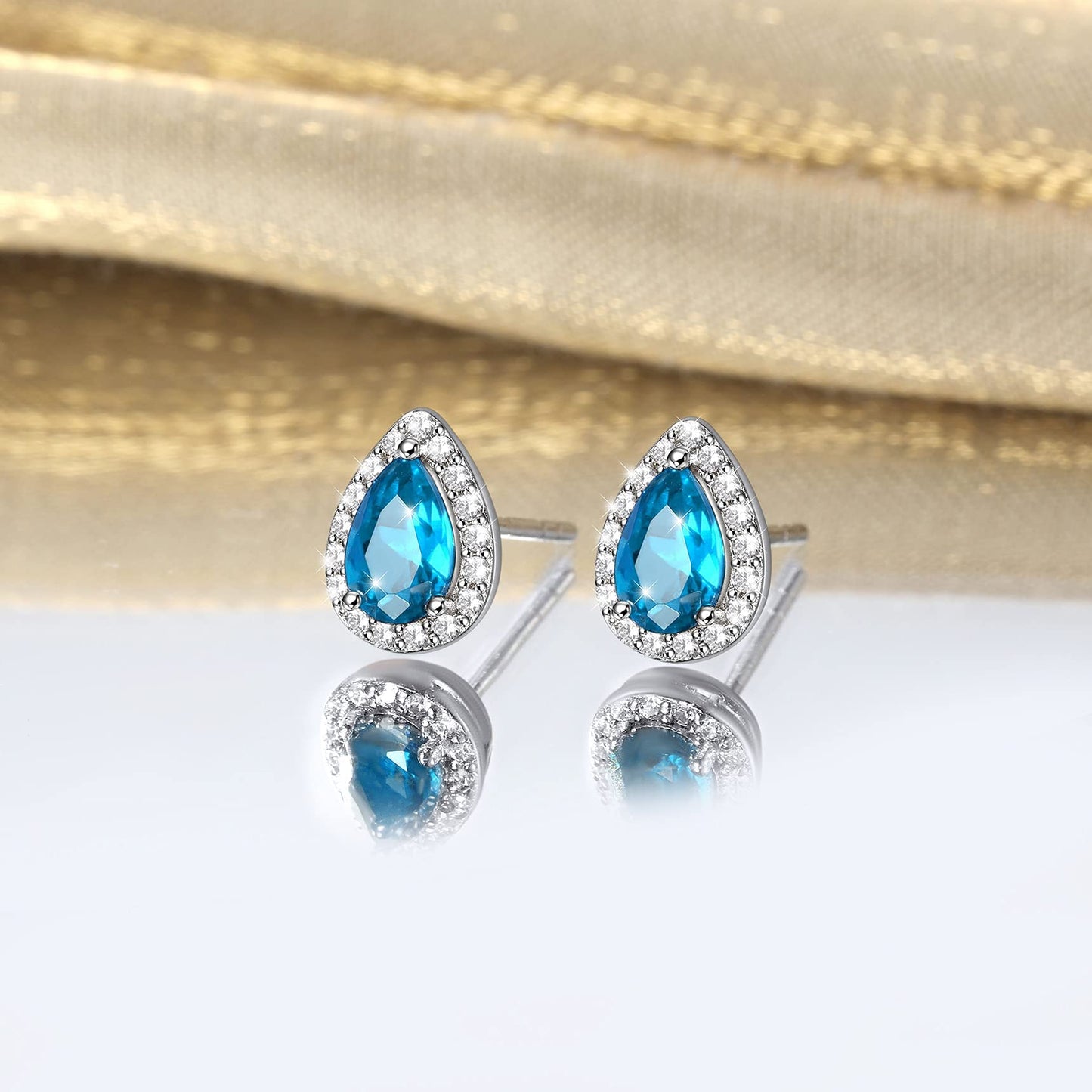 Bestyle CZ Teardrop Diamond Stud Earrings 5mm December Blue Topaz Birthstone Solitaire Earrings, 925 Sterling Silver Earrings Jewelry Gift for Wedding Anniversary Birthday