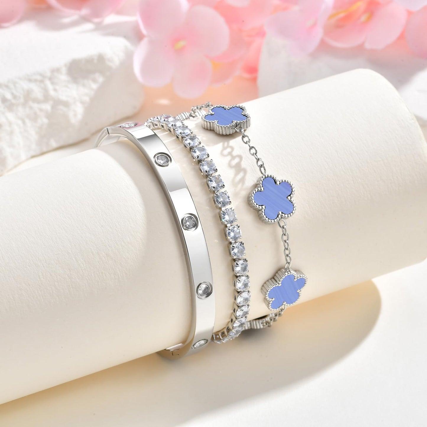 Womens Stackable Floral Silver Bracelets - 3Pcs Silver Sterling Bracelet,Stainless Steel Bangle Bracelets Non Tarnish, Stacked Bracelet Set Trendy Jewelry,Christmas Prom Birthday Gifts for Girlfriend