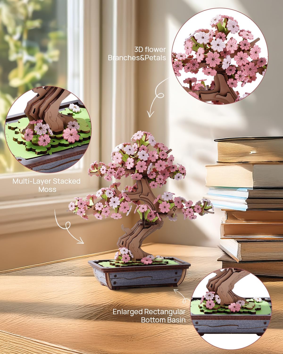 Rowood 3D Puzzles for Adults,Mother's Day DIY Wooden Flower Cherry Blossom Sakura Bonsai Tree Botanical Collection Building Set Craft Kits for Adults,Gift on Christmas Birthday