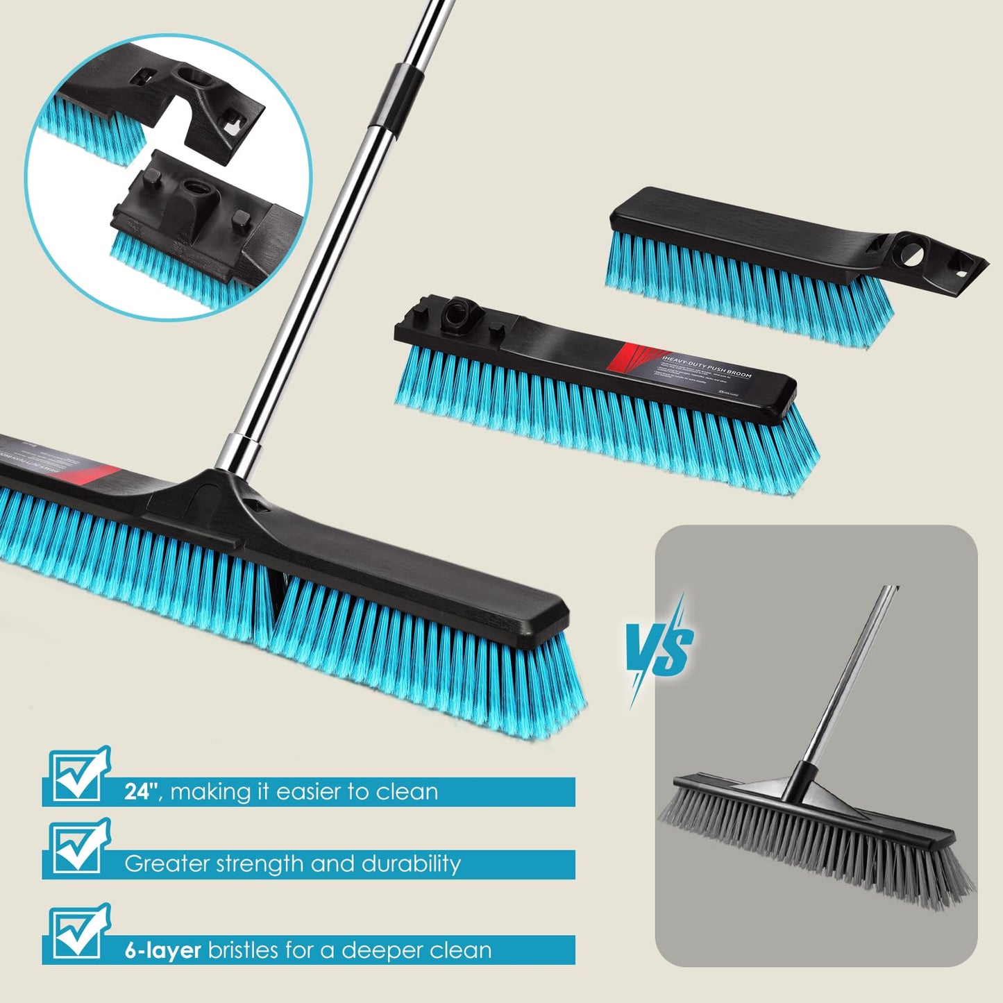 24" Push Broom Outdoor Heavy Duty, Commercial Push Broom for Cleaning with 55" Long Handle and Stiff Bristles, Large Shop Broom for Driveway Garage Yard Patio Warehouse Concrete Floor Cleaning