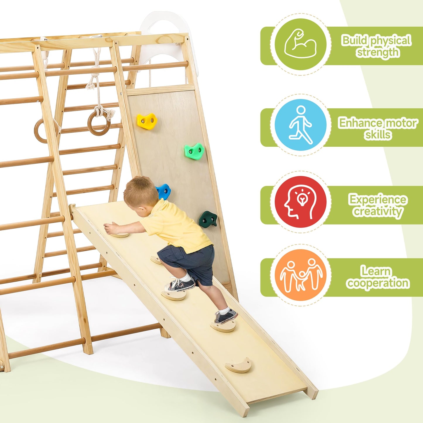Hipicute 8-in-1 Climbing Toys for Toddlers, Indoor Playground Climber Playset, Wooden Climbing Gym with Swing, Slide, Climbing Wall, Jungle Gym for Kids Aged 3-8
