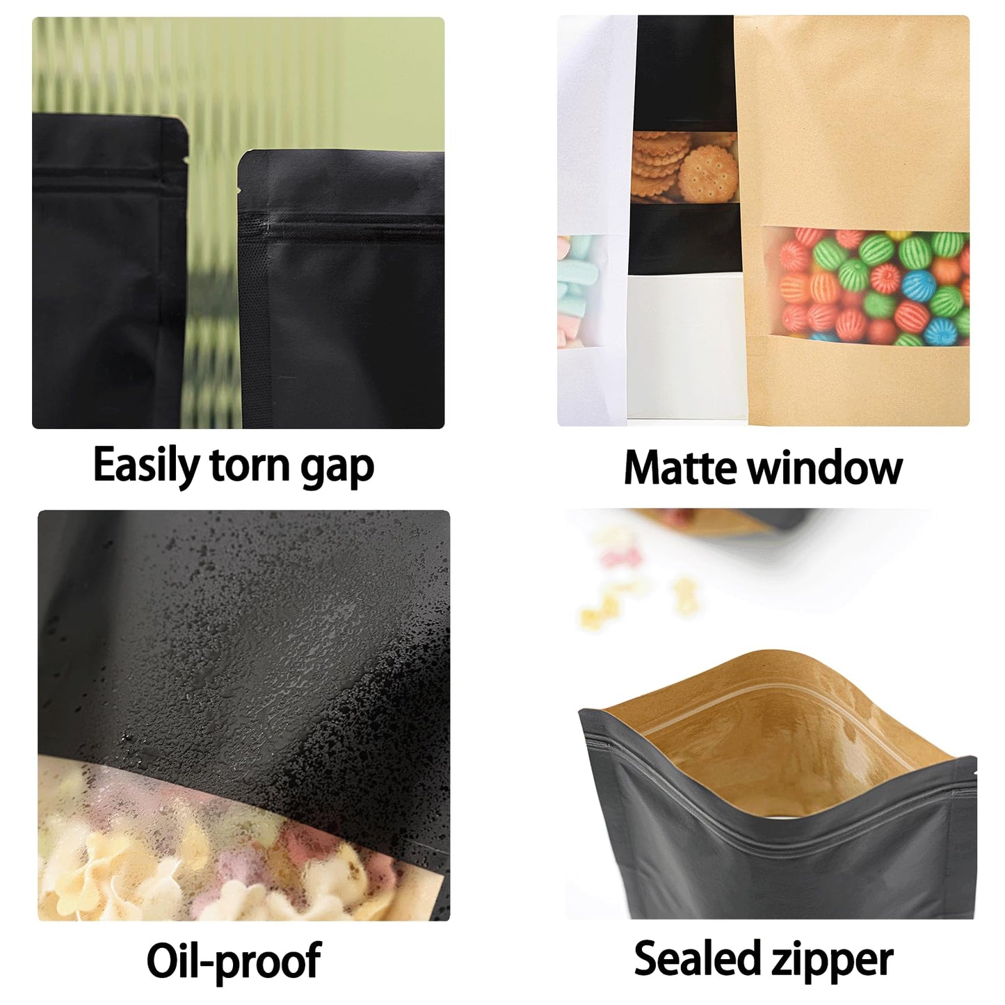 Roppolo 100 Pcs 4 x 6 Inch Stand Up Black Kraft Paper Bags with Matte Window, Resealable Zip Lock Food Storage Bags, Reusable & Heat Sealable for Packaging