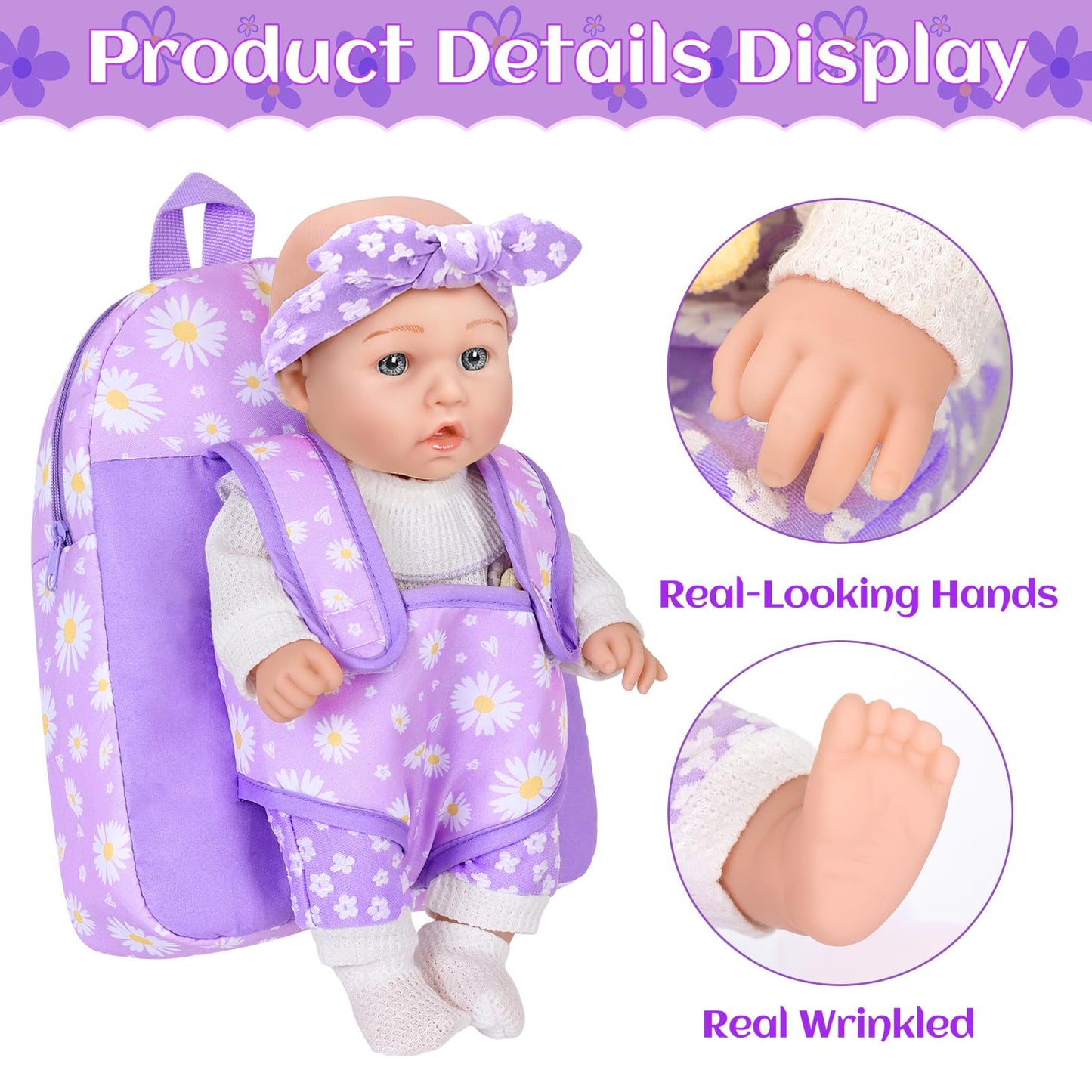 12" Flower Pattern Baby Doll With Backpack Carrier Can Store Clothes and Accessories,12 Inch Baby Dolls Set In Gift Box With Hanky Pacifier Bottle Pretend Baby Care Toy For Girl Child Toddler 3+ Gifts