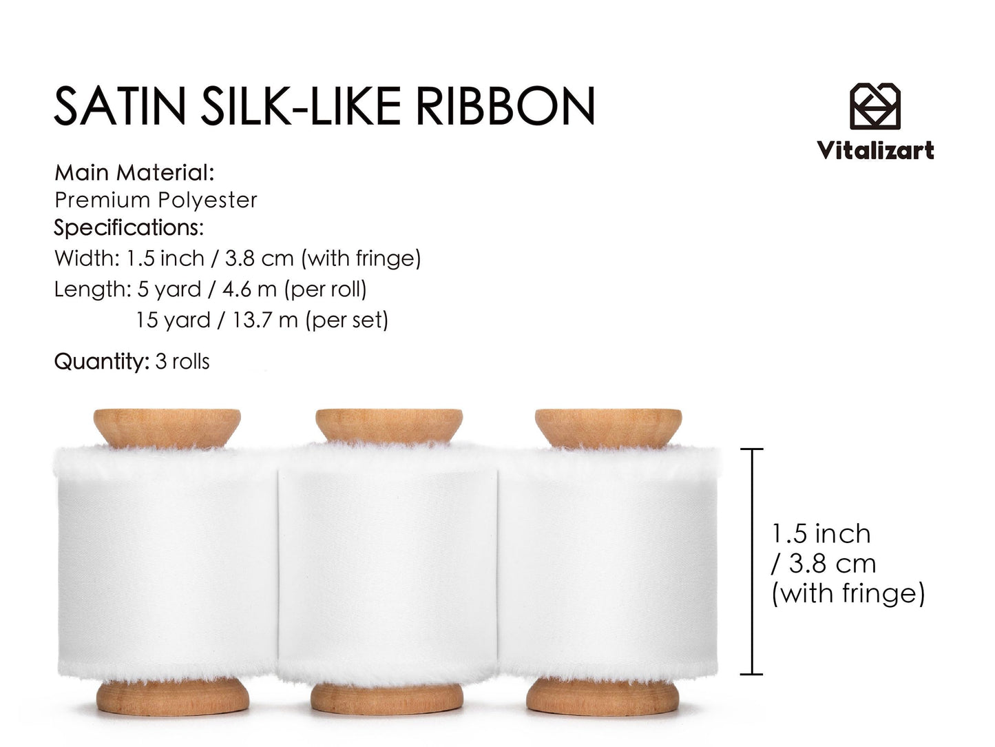 Vitalizart White Silk Satin Ribbon 1-1/2 inch x 15 Yard with Wooden Spool Off White Handmade Frayed Ribbons for Gift Wrapping Baby Shower Wedding Bridal Bouquets Holiday Decor
