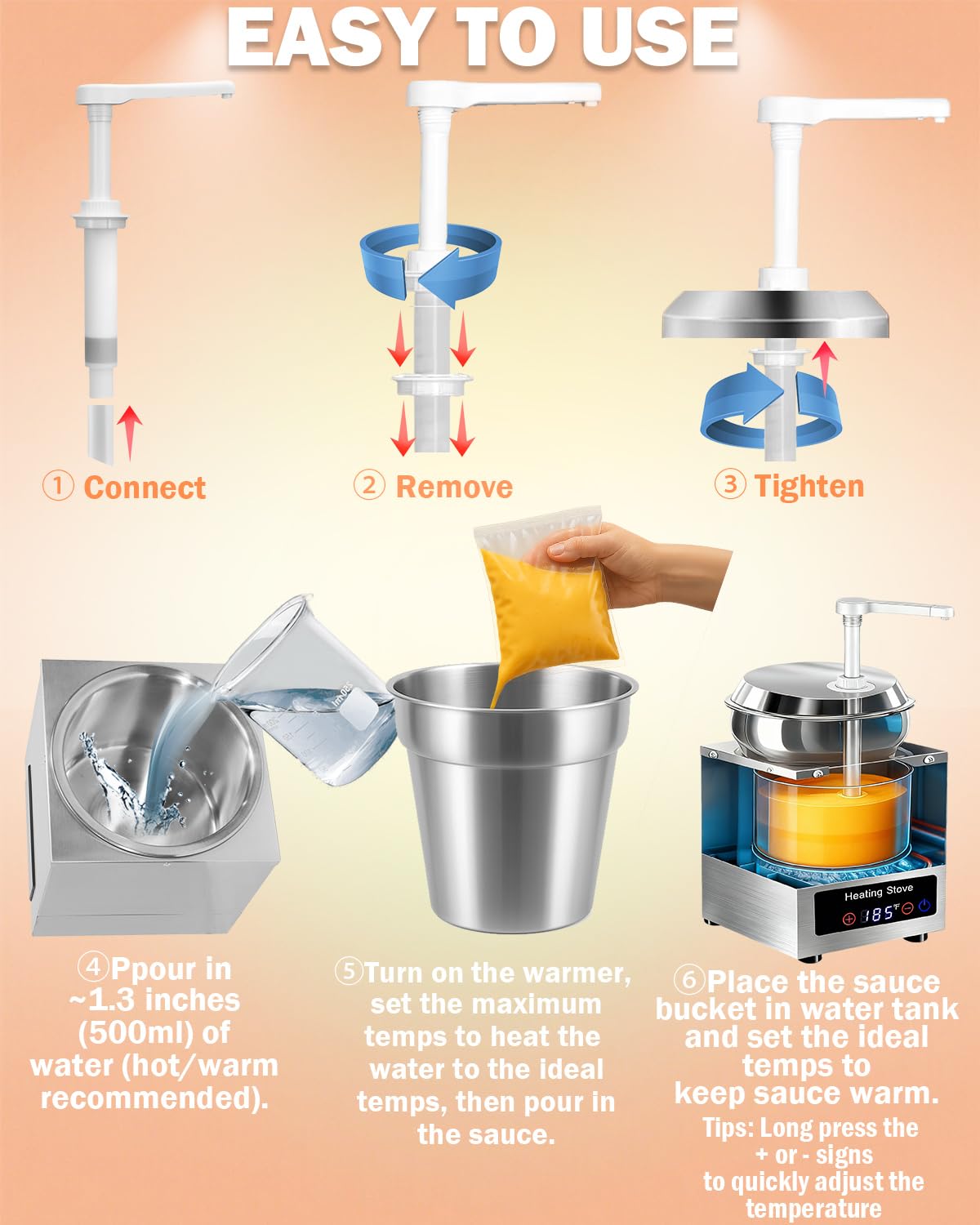 Nacho Cheese Dispenser with Pump - 7.6 QT Nacho Cheese Sauce Warmer Machine, Hot Fudge Warmer with 6-Level Temperature Adjustment, Commercial Dispenser for Syrup Hot Chili Caramel Peanut Butter