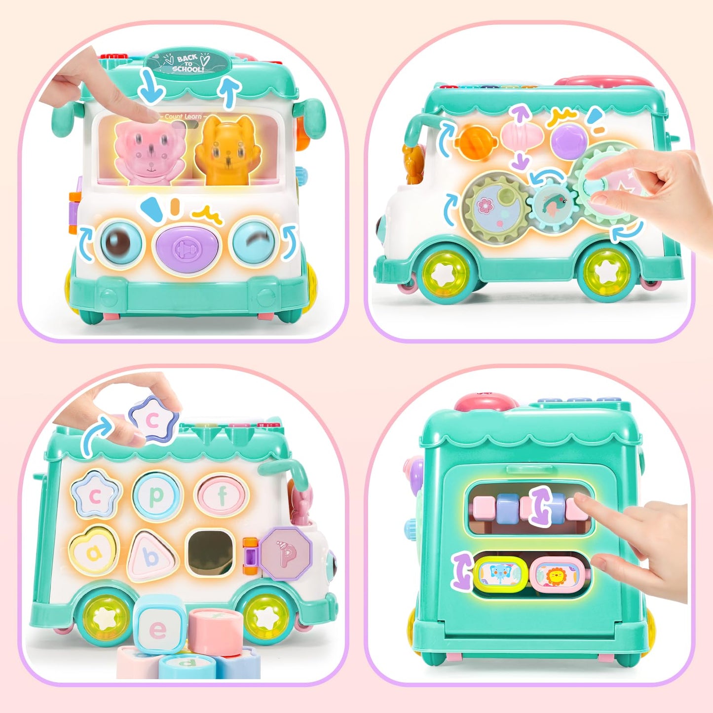 AmiDear Baby Gift for 1-2 Year Old Girl, 10-in-1 Montessori Toys Bus for Baby 6-12-18 Months+, First Christmas and Birthday Gifts, Blue Educational Musical Sensory Learning Toddler Toys Age 1-2