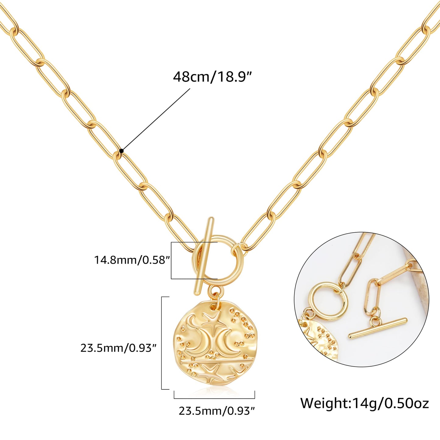 BONJOULRY Star Moon Coin Charm Toggle Necklace for Women 14K Gold Plated Vintage Retro Chunky Paperclip Link Chain Celestial Pendant Choker Necklaces Trendy Jewelry Holiday Gift