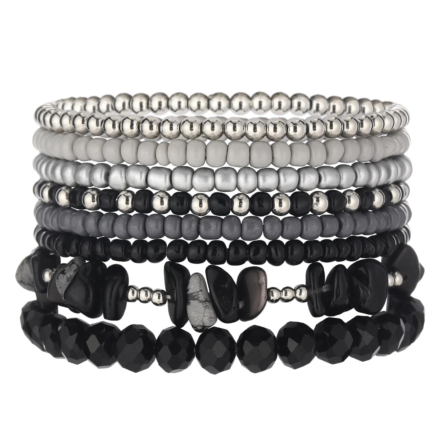 Noessla Boho Beaded Bracelets for Women Stackable Irregular Natural Stone Bead Stretch Bracelet Set 8PCS Costume Jewelry Gifts for Her(Black Grey)
