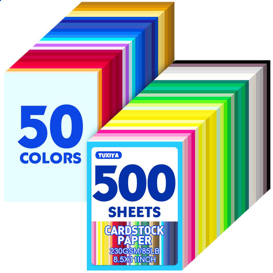 500 Sheets 8.5" X 11" Colored Cardstock, 50 Assorted Colors 230GSM/85LB Construction Paper Card Stock Printer Paper for Printing, Card Making, DIY Crafts, Kids School Supplies,Party Decorations