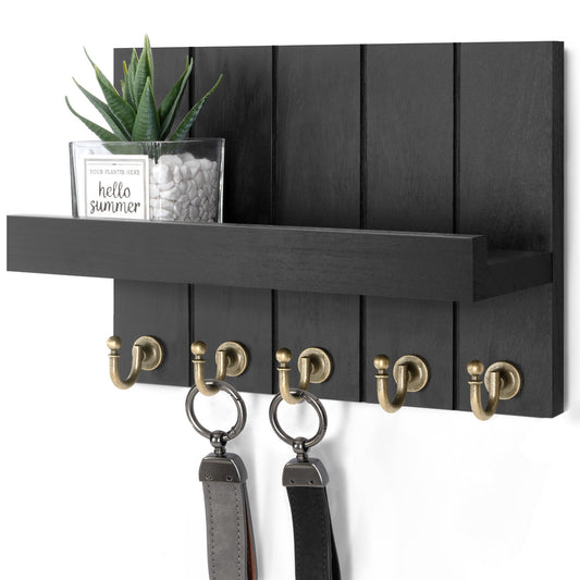 Rebee Vision Farmhouse Key Holder Wall Mount - Modern Key Holder for Living Room and Mail Organizer with Shelf & Hooks for Apartment Essentials - Home Decor Aesthetic (Black, 3.54"D x 10"W x 7.28"H)