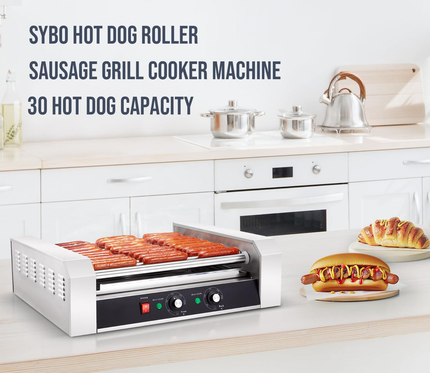 SYBO Hot Dog Roller, 30 Hot Dogs 11 Rollers Grill Cooker Machine with Removable Stainless Steel Drip Tray, 1430-Watts, Ideal for Commercial And Party Use