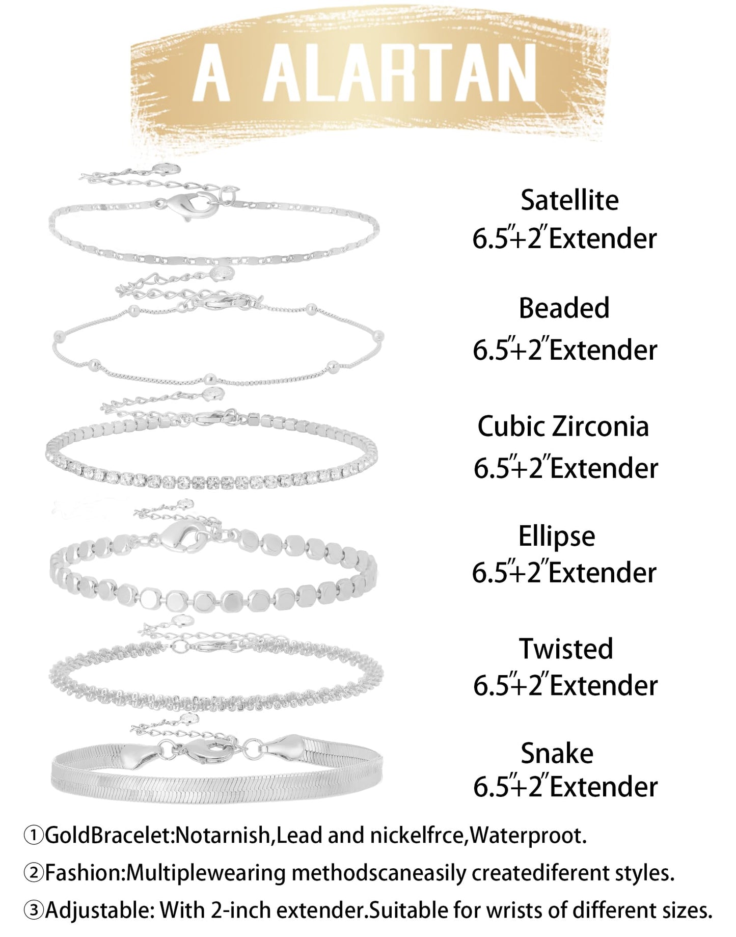 Gold Bracelets for Women 14K Gold Plated Stack Trend Bracelets Charm Paperclip Chain Cuban Link Layered Waterproof Bracelet Dainty Bracelet for Women Jewelry Gifts (Silver 6Pcs)