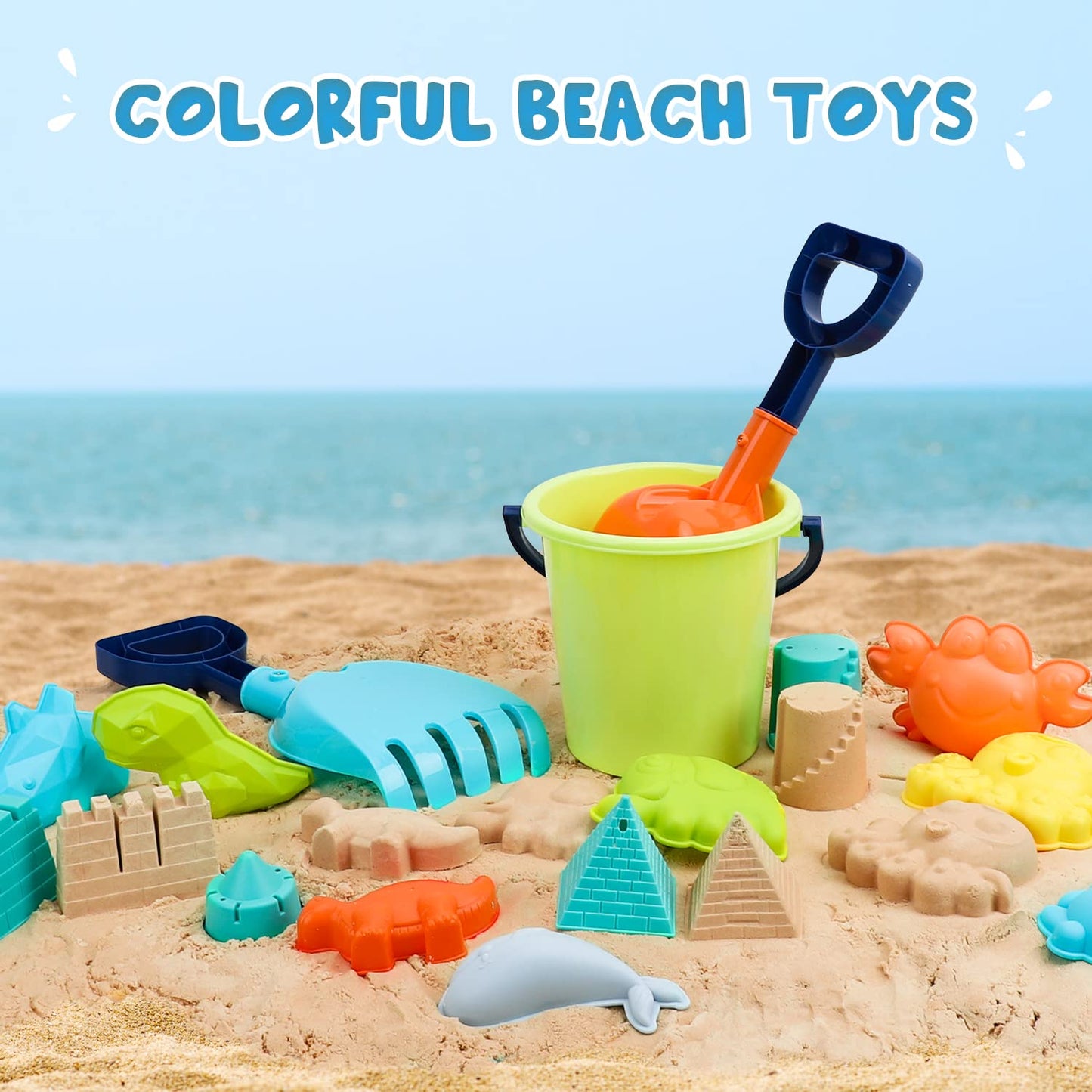 TOY Life 29 Pcs Dinosaur Beach Toys Sand Toys Toddlers with Castle Bucket Shovels & Sand Castle Building Kit Molds, Sandbox Toy Travel, Beach Party, Fishing, Summer Toy Activities