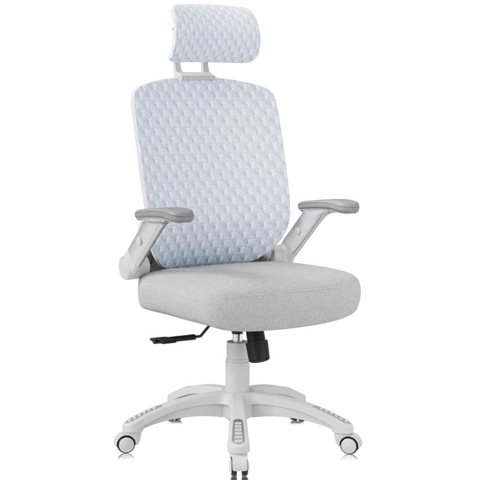 GABRYLLY Ergonomic Office Chair, High Back Home Desk Chair with Flip-Up Arms, 3D Headrest, Thick Sponge Seat &90-120° Recline, Big and Tall Mesh Executive Chairs for Man Woman, Glacier Flow