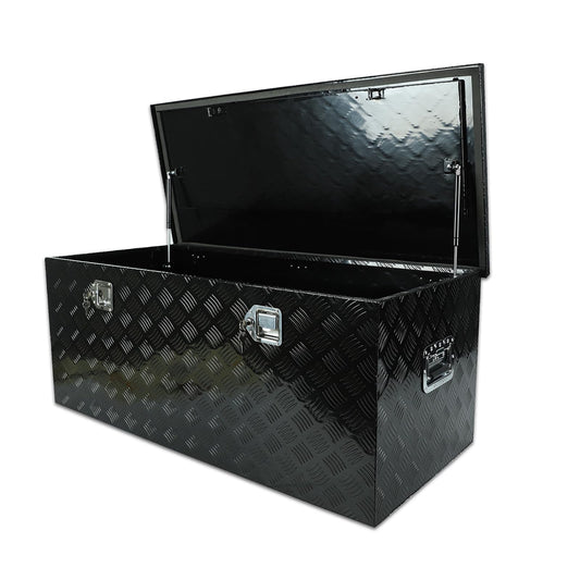 caqeg 48 Inch Heavy Duty Aluminum Stripes Plated Tool Box Pick Up Truck Bed RV Trailer Toolbox Square Storage Organizer with Side Handle, Lock and Keys, Waterproof -48"x 19.5"x 17.5", Black