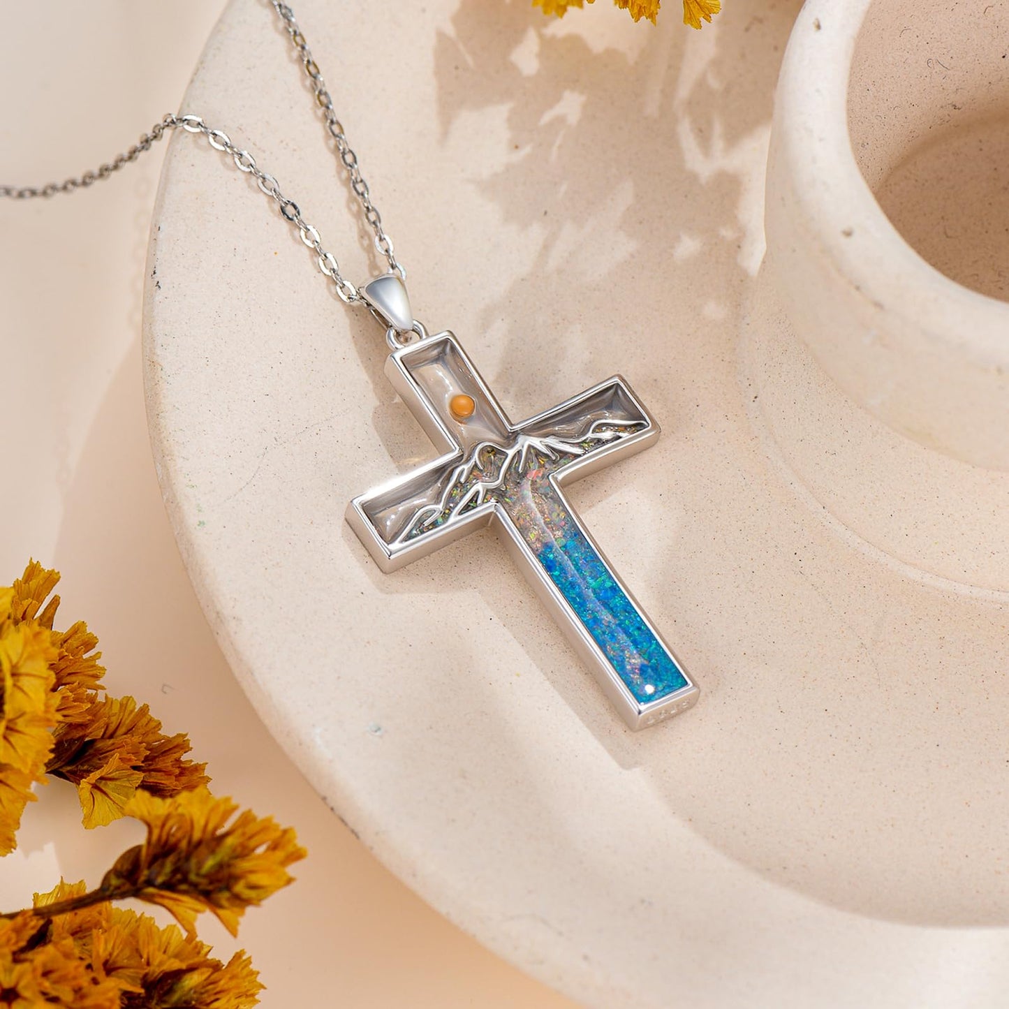 Suiknsn Mustard Seed Necklace 925 Sterling Silver Blue Opal Turquoise Mountain Necklace Faith Cross Pendant Christian Jewelry Hiking Gifts for Women Mom