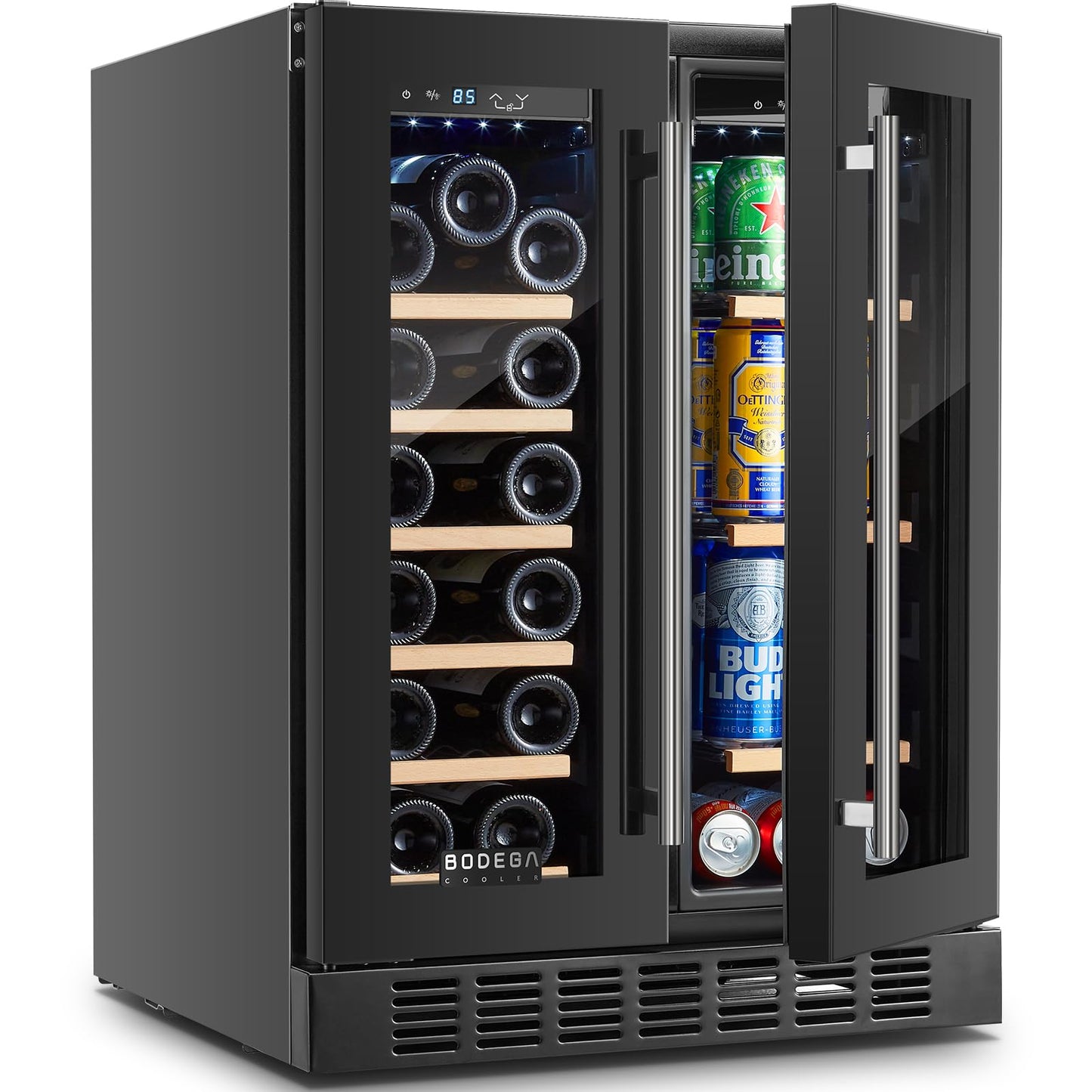 BODEGA 24 Inch Wine and Beverage Refrigerator Free Standing. Dual Zone Stainless Steel Wine Fridge under Counter, Drink Cooler for Beer, Soda, Champagne, Holds 41 Cans and 17 Bottles, Black