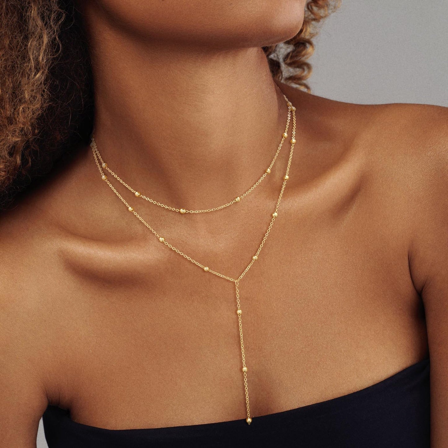 JIKASI Lariat Gold Necklaces for Women Trendy Dainty Long Necklace 14k Gold Plated Layered Drop Rosary Beaded Chain Necklaces Y-Shaped Pendant Necklace Simple Gold Jewelry Gifts