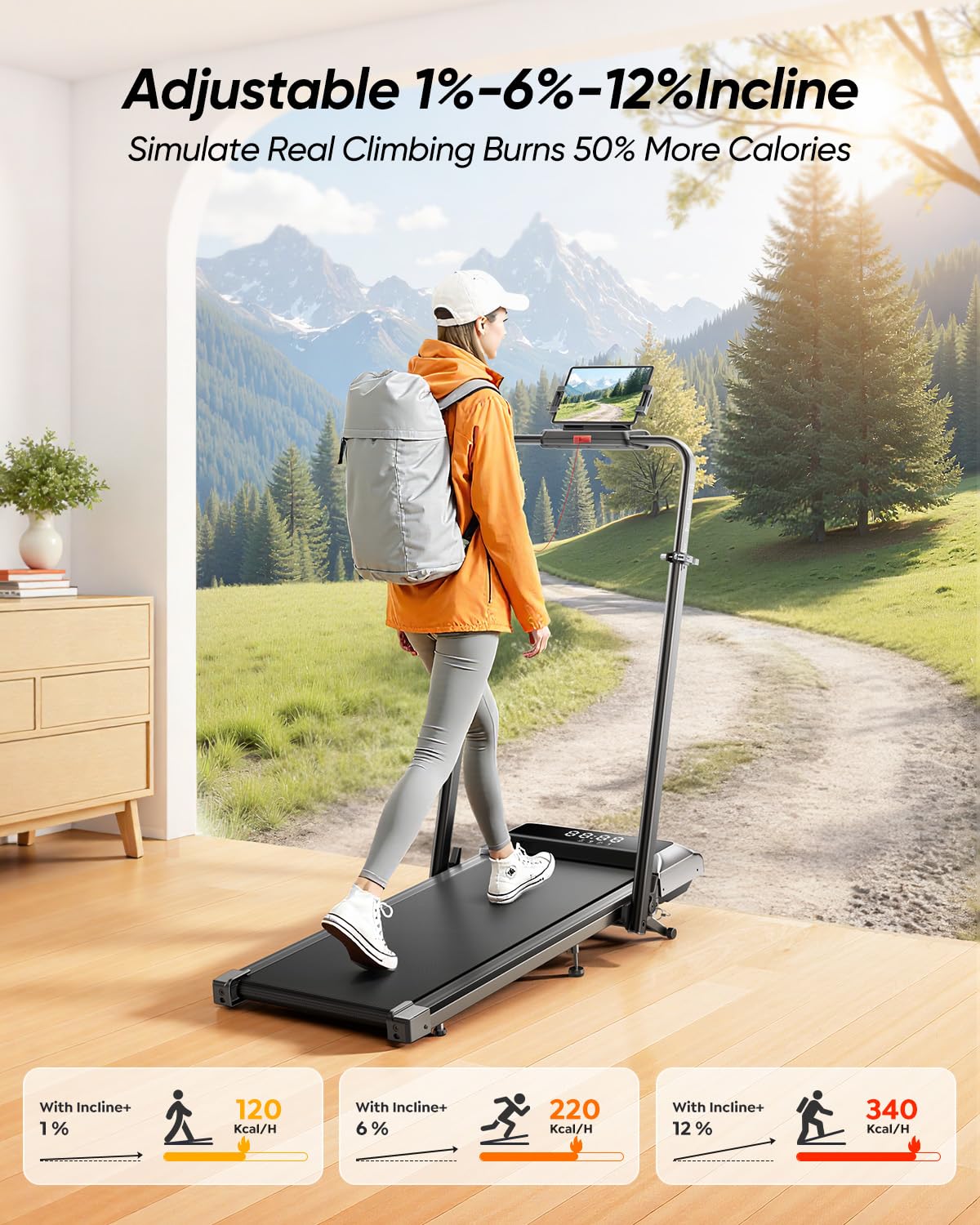 Acezoe Walking Pad with 12% Incline & Height-Adjustable Handlebar, 5-in-1 Foldable Treadmill for Home & Office, Portable Under Desk Treadmill with LED Display & App Control