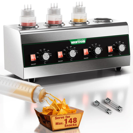 WantJoin Electric Sauce Warmer Dispenser, Countertop Stainless Steel Sauce Heat Preservation Machine 640W Hot Fudge Nacho Cheese Ketchup Chocolate Warmer for Commercial with 650ml Squeeze Bottle*4