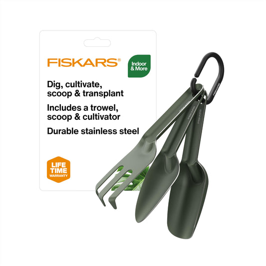 Fiskars 3-Piece Plant Cultivating Tool Set, Nesting Trowel, Soil Scoop & Cultivator for Indoor Gardening, Stainless Steel with Green Powder Coat Finish, Space Saving Design for Repotting Houseplants