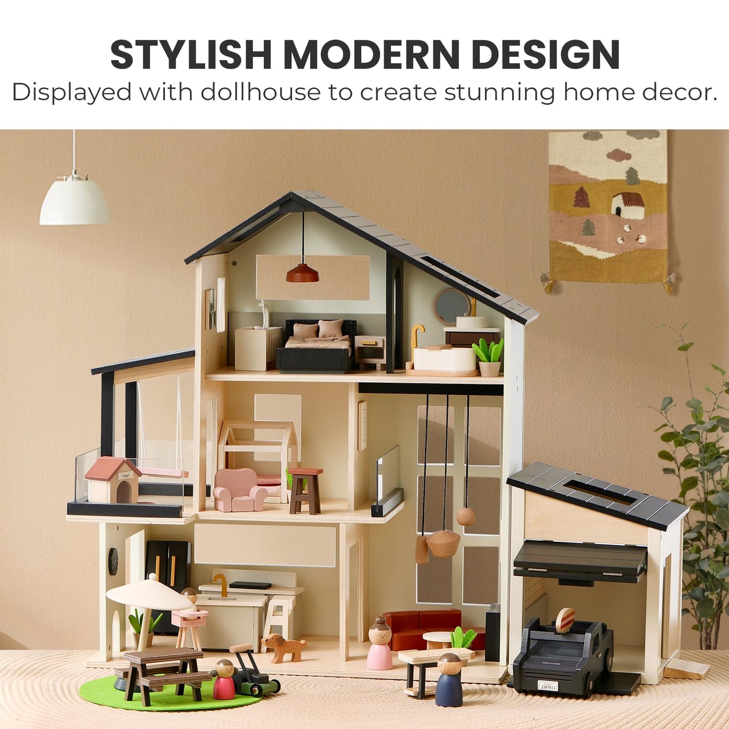 Tiny Land Modern Family Dollhouse & Wooden Dollhouse Garage Toy Set