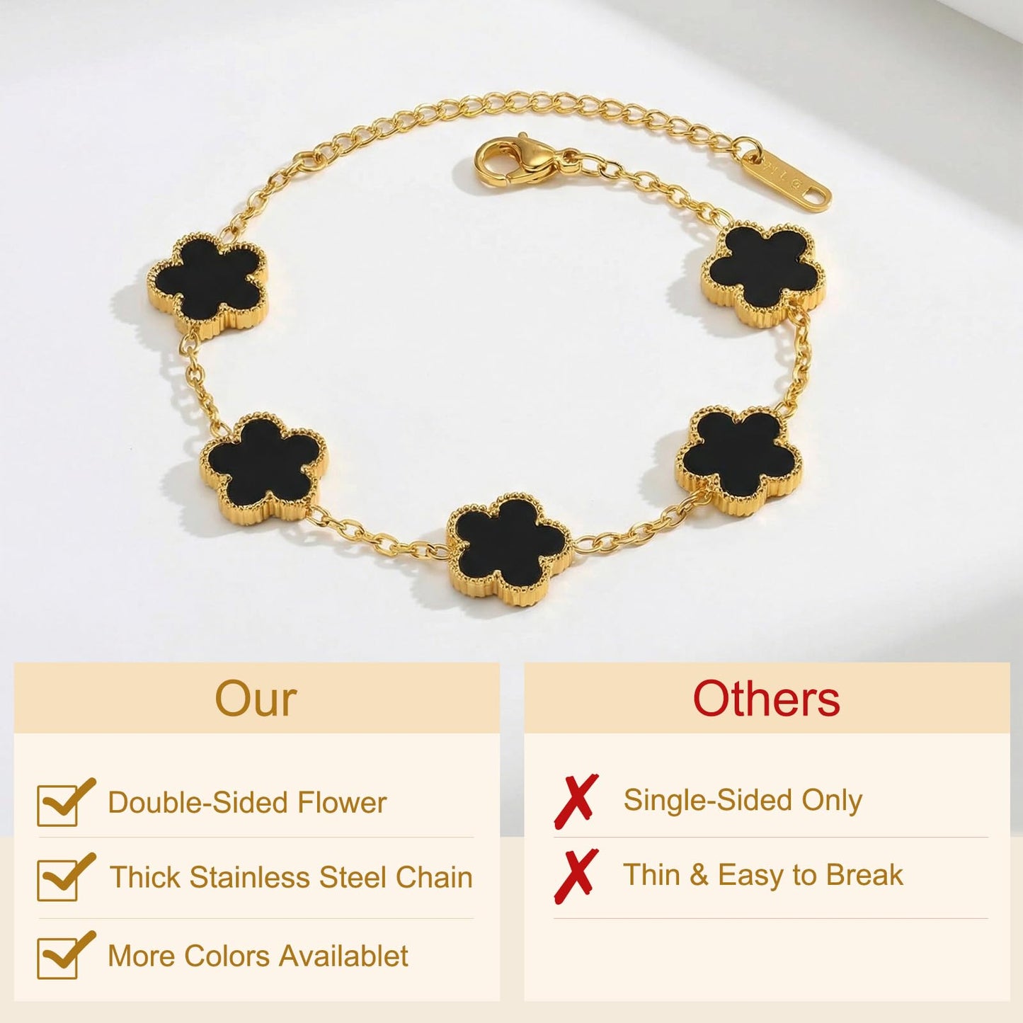 Eclatienne Four Leaf Clover Bracelet for Women – 18K Gold Plated Stainless Steel Lucky Bracelet, Adjustable 4 Leaf Charm Jewelry Gift (Black)