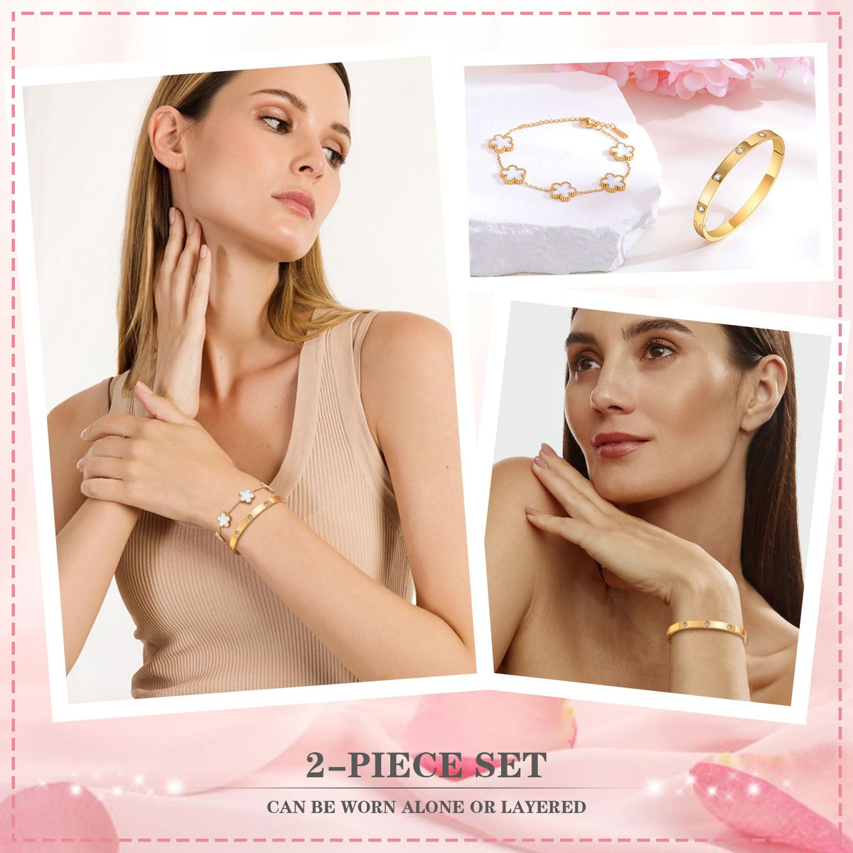 MPRAINBOW Womens Stackable Gold Bracelets Jewelry, 18K Gold Plated Floral Bracelet,Bangles Non Tarnish, Gold Cubic Zirconia Chain Set Trendy Gift,Christmas Valentines Birthday Gifts for Girlfriend